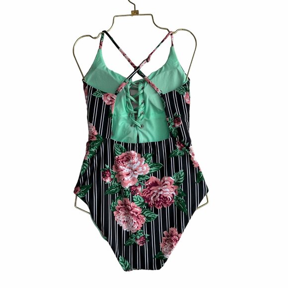 👙Mossimo One Piece Swimsuit Sz M Women Bathing suit Multi Stripe Roses Black - Picture 2 of 8